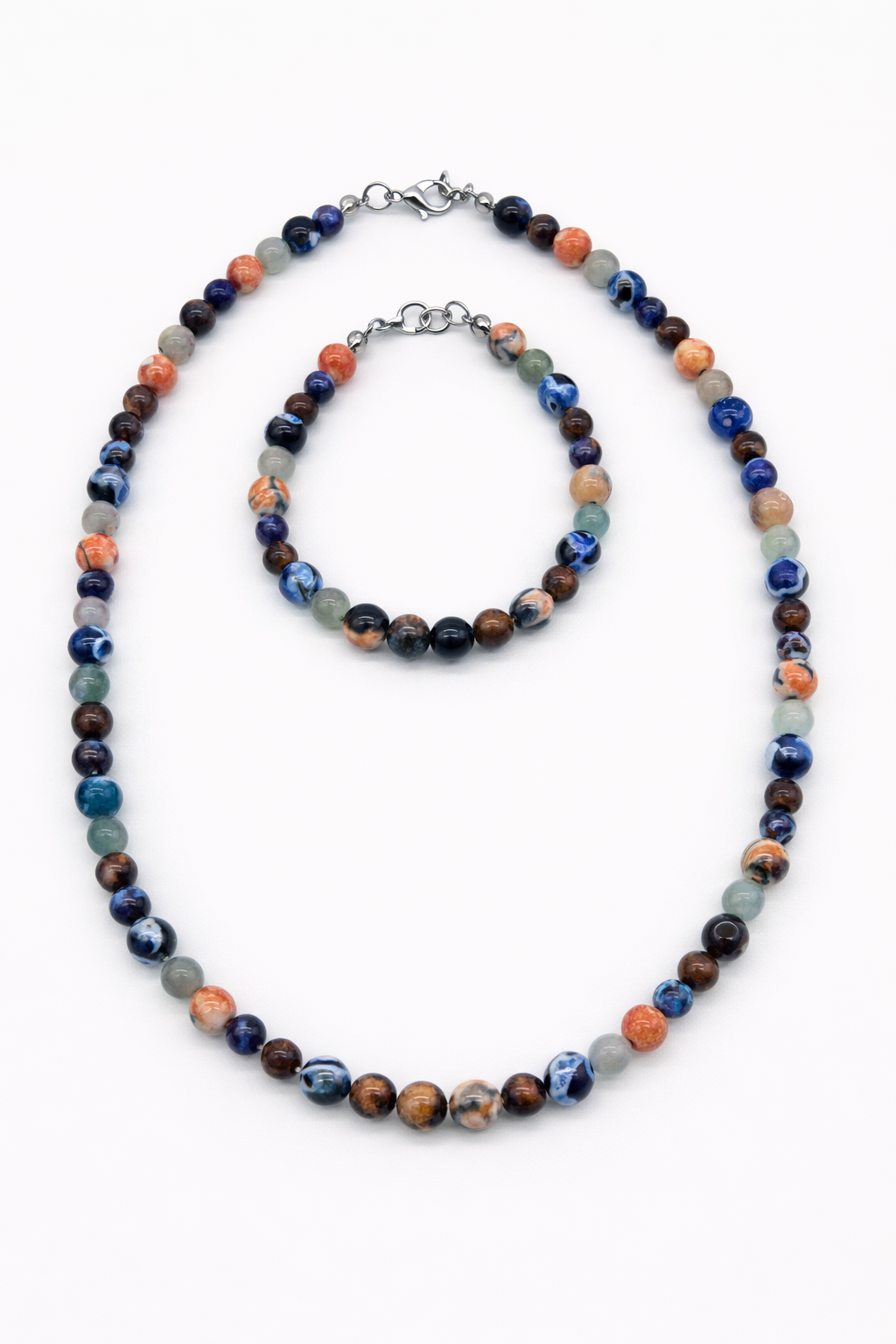 Set de Ágata Negra Marmoleada + Ágata Morada + Ágata Naranja + Ágata Azul + Fluorita